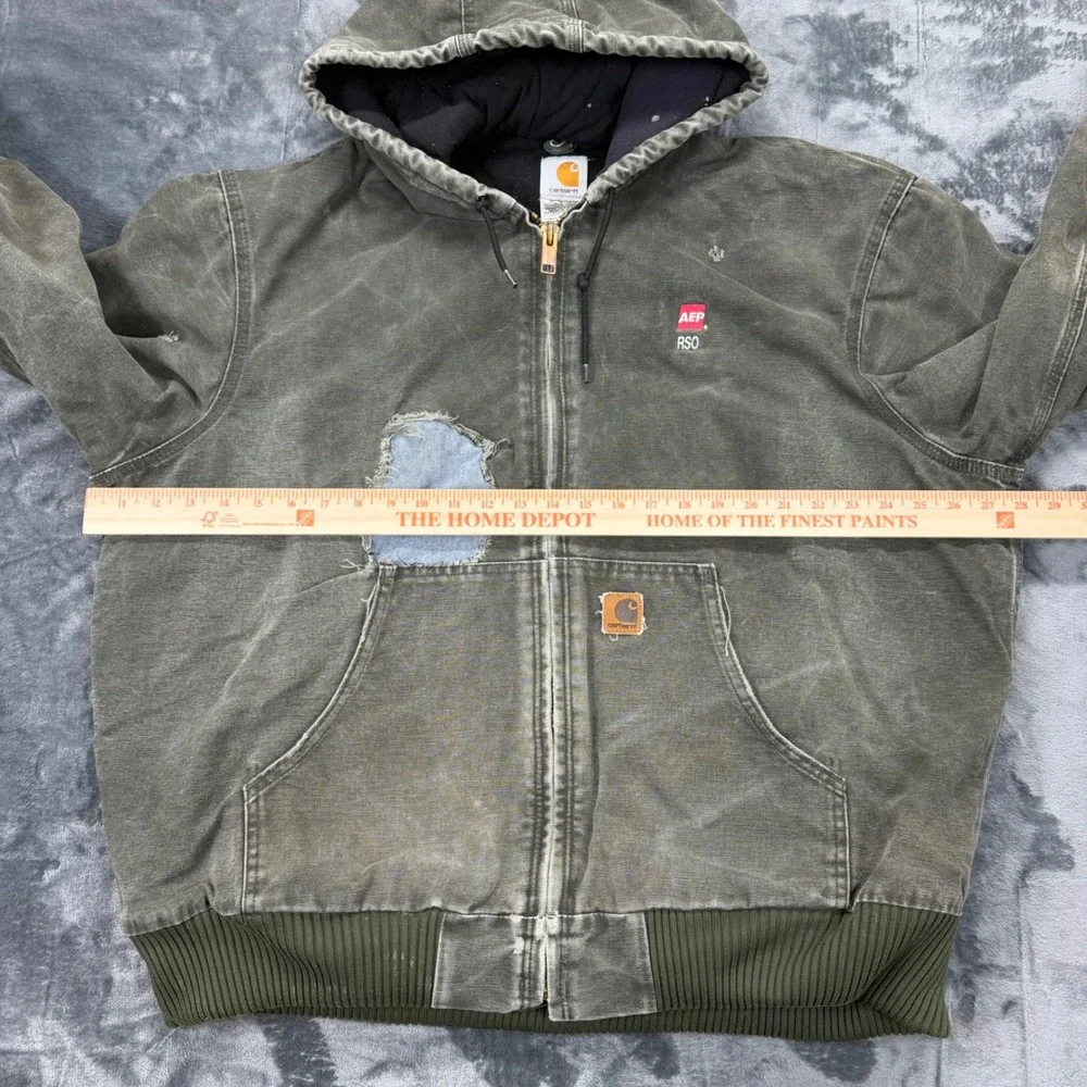 VTG Carhartt J130 MOS Fade Distressed Moss Green Jacket Mens XL Quilt Lined Hood
